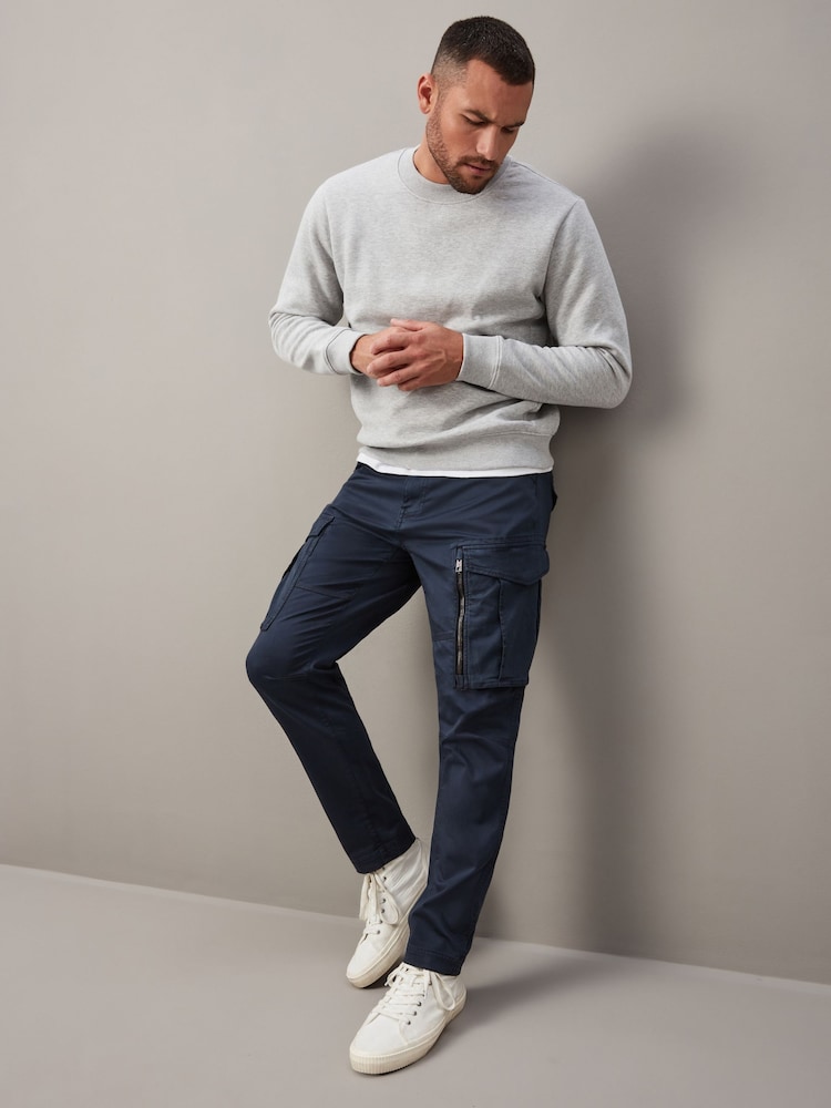 Navy Blue Slim Fit Zip Detail Stretch Cargo Trousers - Image 2 of 15 Navy Blue Slim Fit Zip Detail Stretch Cargo Trousers - Image 2 of 15