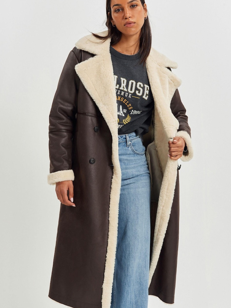 Chocolate Brown Longline Faux Shearling Coat - Image 1 of 8