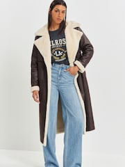 Chocolate Brown Longline Faux Shearling Coat - Image 2 of 8