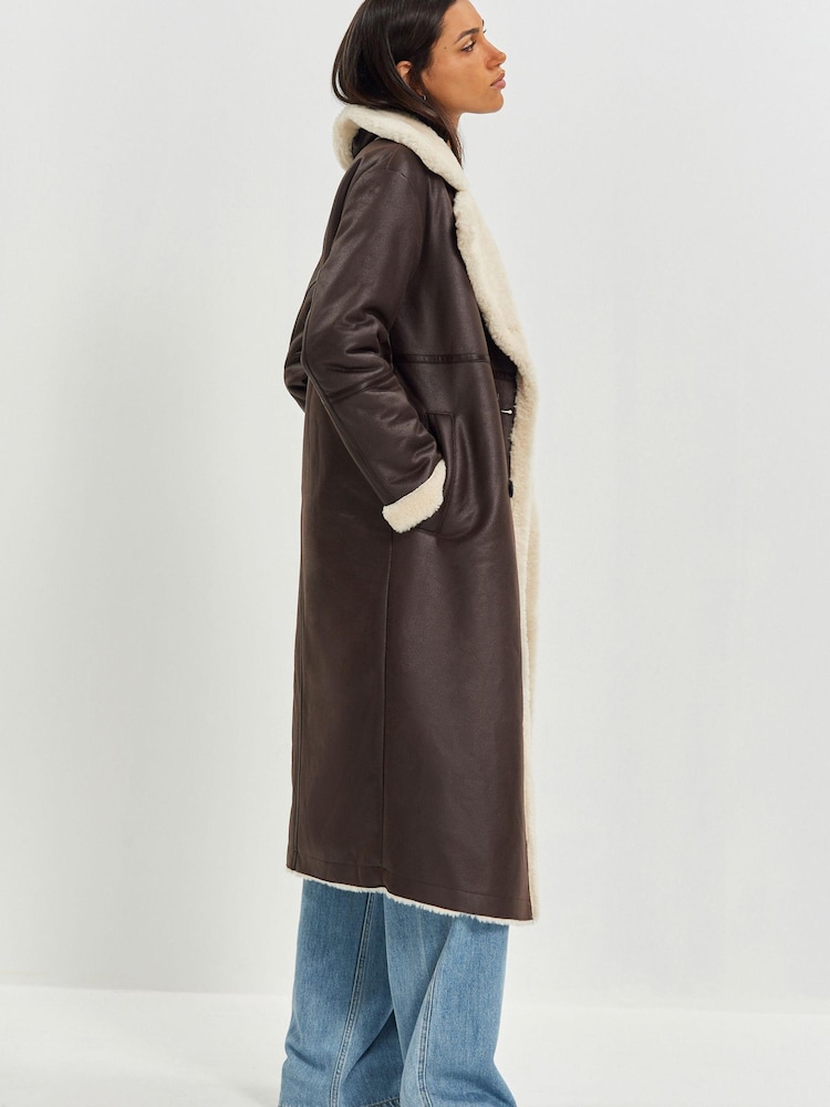 Chocolate Brown Longline Faux Shearling Coat - Image 3 of 8
