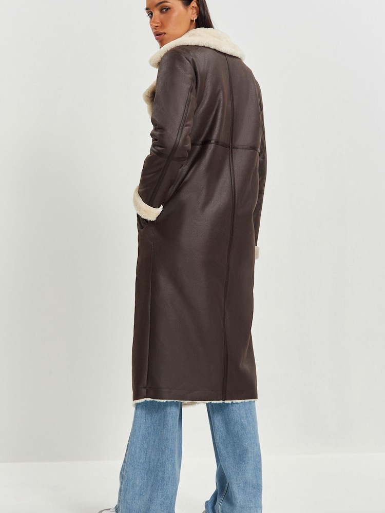 Chocolate Brown Longline Faux Shearling Coat - Image 4 of 8