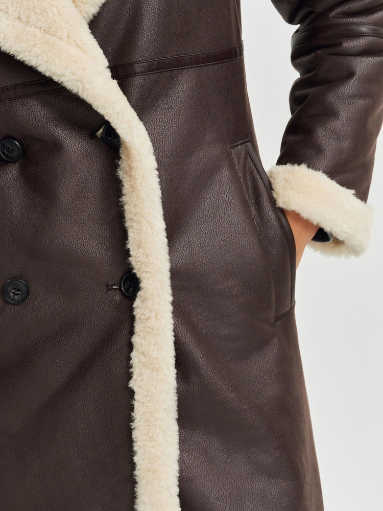 Chocolate Brown Longline Faux Shearling Coat - Image 5 of 8