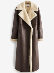 Chocolate Brown Longline Faux Shearling Coat - Image 6 of 8