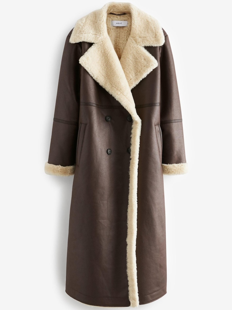 Chocolate Brown Longline Faux Shearling Coat - Image 6 of 8