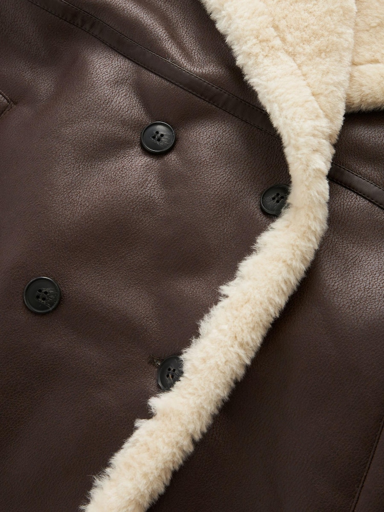 Chocolate Brown Longline Faux Shearling Coat - Image 7 of 8