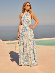Friends Like These Blue Halter Neck Ruffled Maxi Dress - Image 1 of 4
