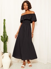 Friends Like These Black Bardot Elasticated Cotton Poplin Midi Dress - Image 1 of 4
