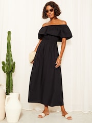 Friends Like These Black Bardot Elasticated Cotton Poplin Midi Dress - Image 2 of 4