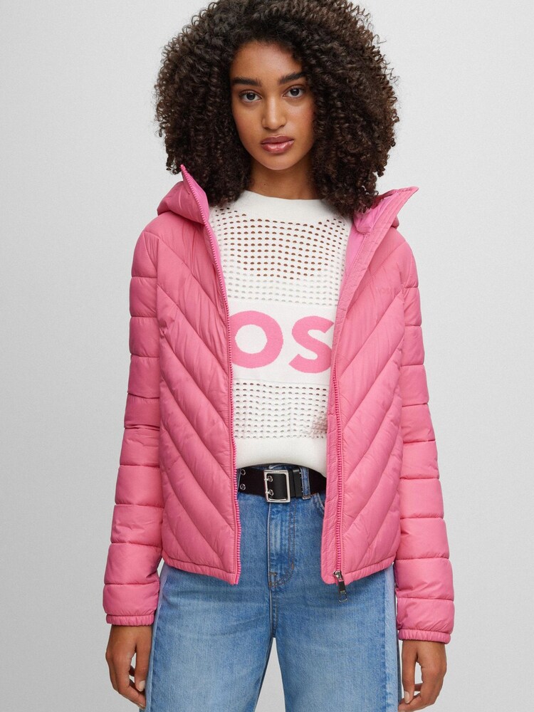 BOSS Pink Lightweight Hooded Chevron Quilted Padded Jacket - Image 1 of 1