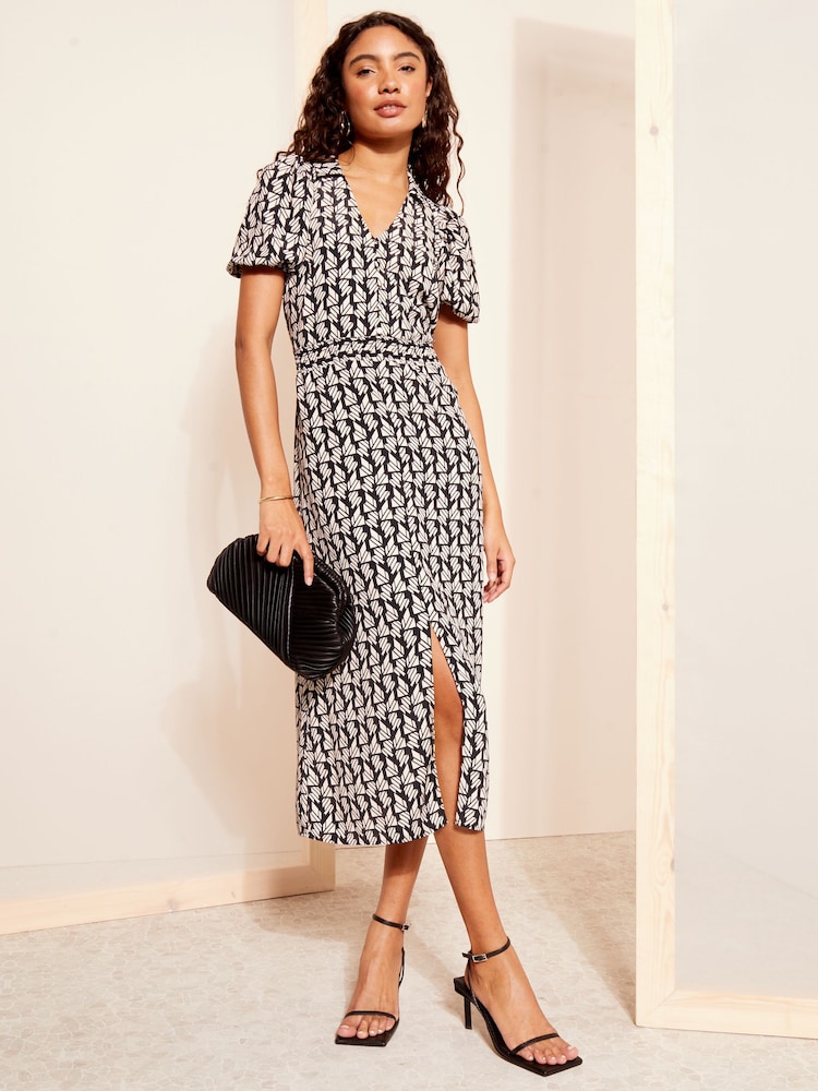 Friends Like These Black/White Collar Shirred Waist Midi Dress - Image 1 of 4 Friends Like These Black/White Collar Shirred Waist Midi Dress - Image 1 of 4