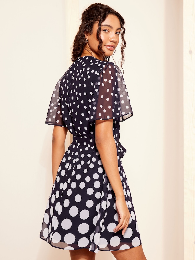 Friends Like These Navy Blue Petite Chiffon Flutter Sleeve with Self Tie Belt Dress - Image 4 of 4