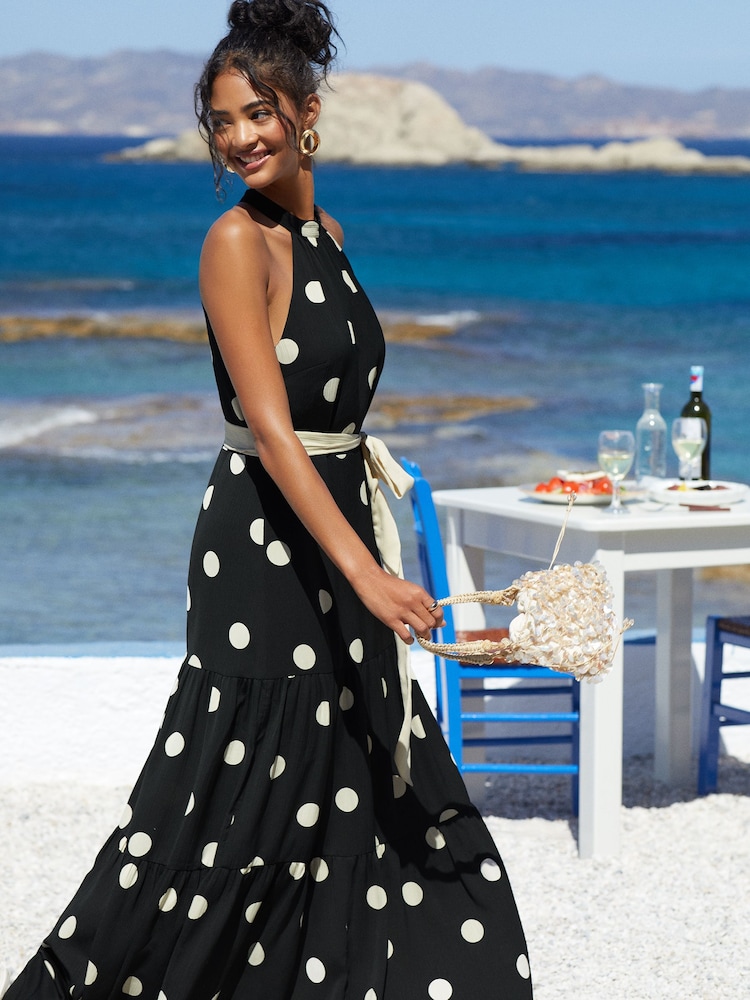 Friends Like These Black/White Halter Tiered Chiffon Tie Side Polka Dot Maxi Dress - Image 4 of 4