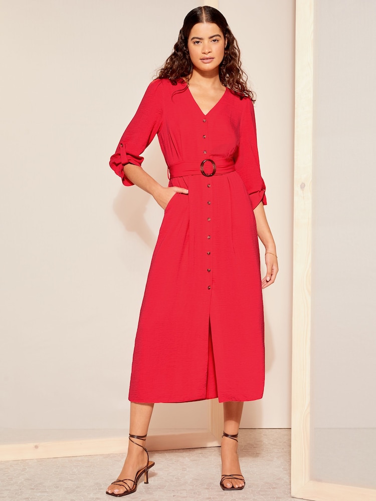 Friends Like These Red Buckle Belted V Neck Midi Shirt Dress - Image 1 of 4 Friends Like These Red Buckle Belted V Neck Midi Shirt Dress - Image 1 of 4
