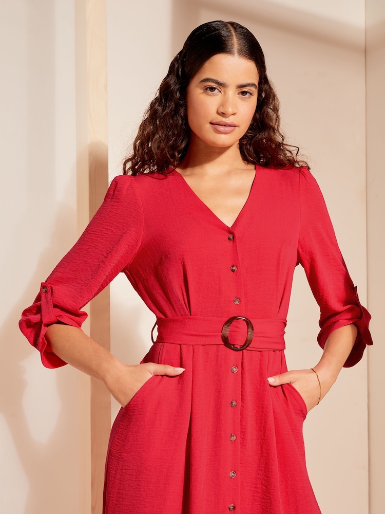 Friends Like These Red Buckle Belted V Neck Midi Shirt Dress - Image 2 of 4 Friends Like These Red Buckle Belted V Neck Midi Shirt Dress - Image 2 of 4