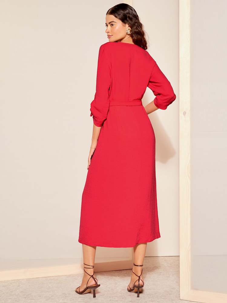 Friends Like These Red Buckle Belted V Neck Midi Shirt Dress - Image 4 of 4 Friends Like These Red Buckle Belted V Neck Midi Shirt Dress - Image 4 of 4