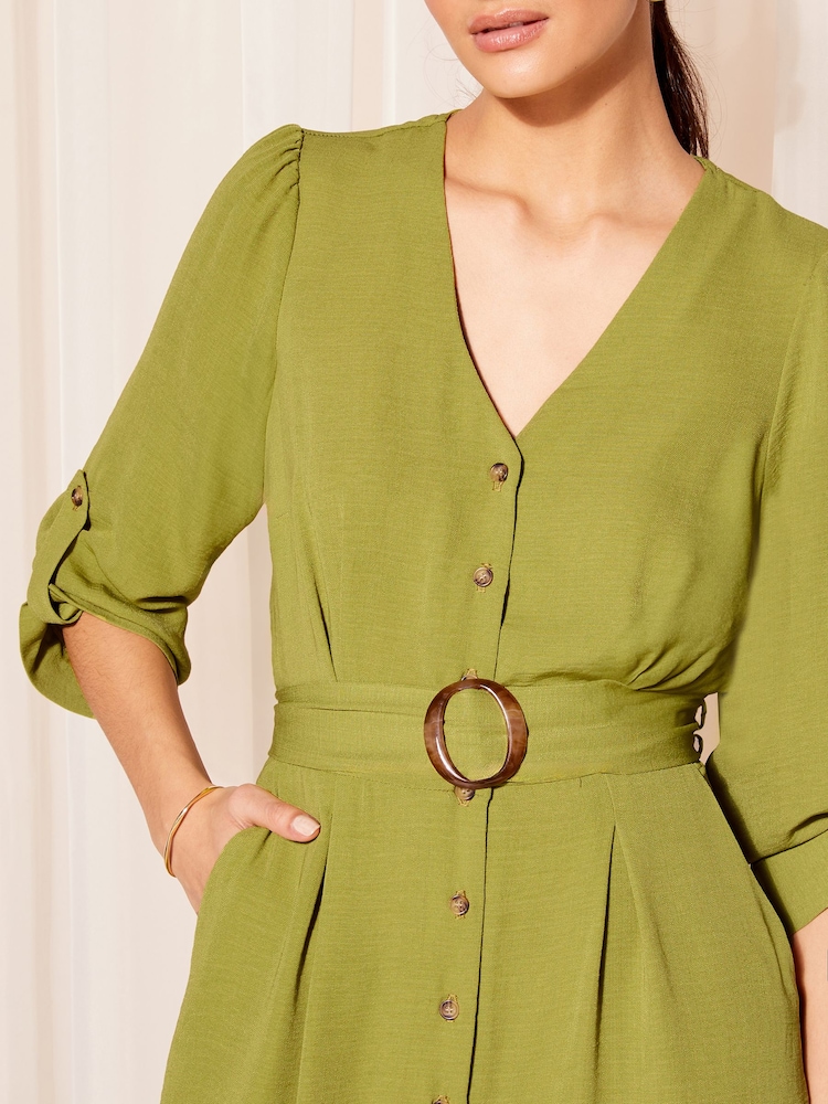 Friends Like These Lime Green Buckle Belted V Neck Midi Shirt Dress - Image 2 of 4 Friends Like These Lime Green Buckle Belted V Neck Midi Shirt Dress - Image 2 of 4