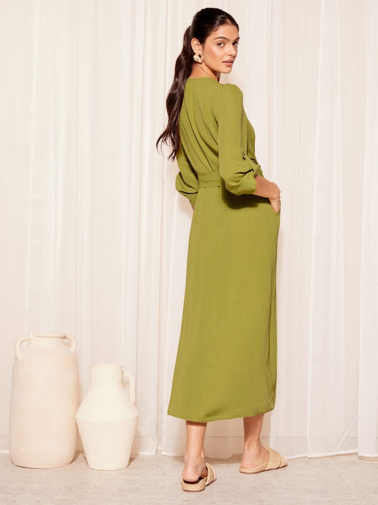 Friends Like These Lime Green Buckle Belted V Neck Midi Shirt Dress - Image 4 of 4 Friends Like These Lime Green Buckle Belted V Neck Midi Shirt Dress - Image 4 of 4