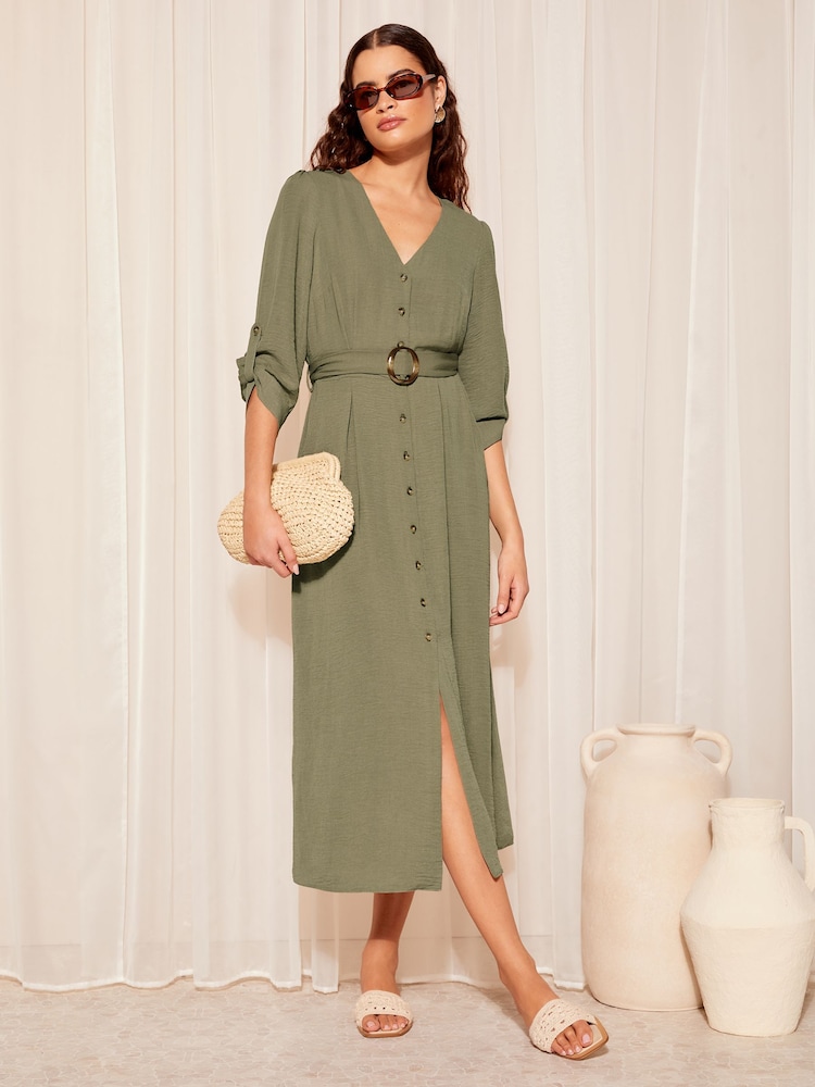 Friends Like These Khaki Green Buckle Belted V Neck Midi Shirt Dress - Image 1 of 4 Friends Like These Khaki Green Buckle Belted V Neck Midi Shirt Dress - Image 1 of 4