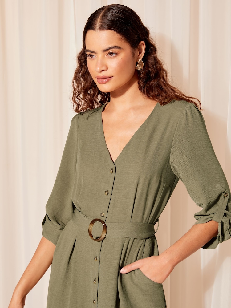 Friends Like These Khaki Green Buckle Belted V Neck Midi Shirt Dress - Image 2 of 4 Friends Like These Khaki Green Buckle Belted V Neck Midi Shirt Dress - Image 2 of 4