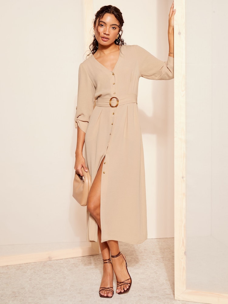 Friends Like These Cream Buckle Belted V Neck Midi Shirt Dress - Image 1 of 4 Friends Like These Cream Buckle Belted V Neck Midi Shirt Dress - Image 1 of 4