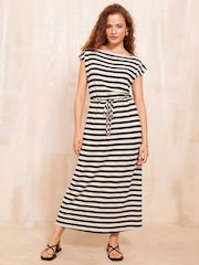 Friends Like These Black White Jersey Stripe Slash Neck Midi Dress - Image 1 of 4