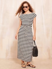 Friends Like These Black White Jersey Stripe Slash Neck Midi Dress - Image 3 of 4