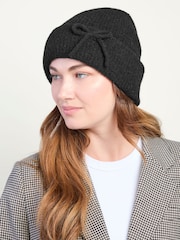 Totes Black Wool Blend Knitted Beanie Hat with Bow - Image 1 of 3