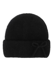 Totes Black Wool Blend Knitted Beanie Hat with Bow - Image 2 of 3