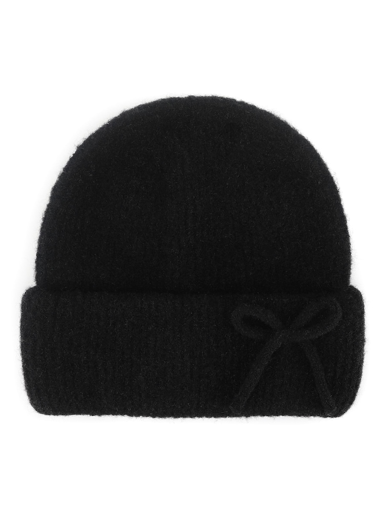 Totes Black Wool Blend Knitted Beanie Hat with Bow - Image 2 of 3 Totes Black Wool Blend Knitted Beanie Hat with Bow - Image 2 of 3