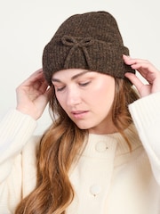 Totes Brown Wool Blend Knitted Beanie Hat with Bow - Image 1 of 3