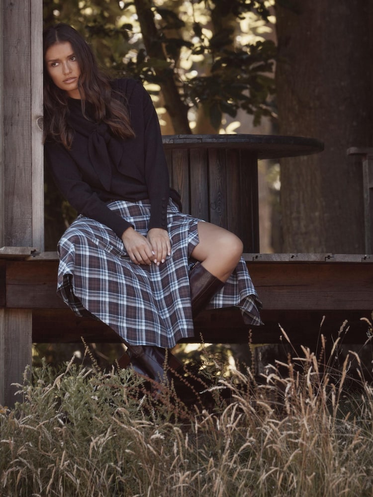 Mint Velvet Brown Checked Hanky Hem Midi Skirt - Image 1 of 7