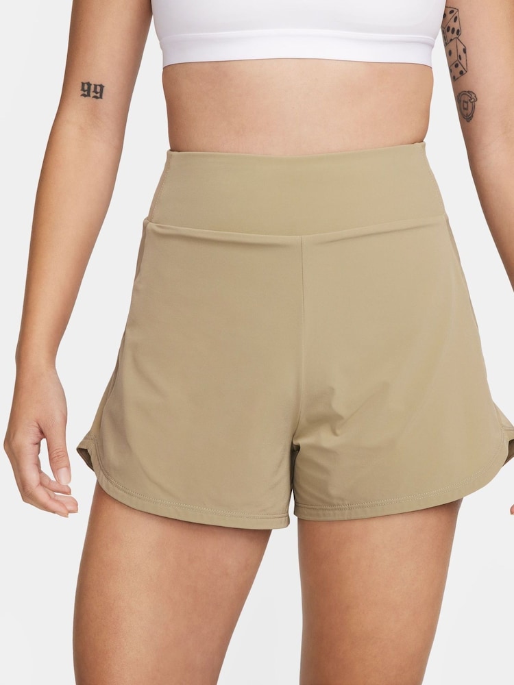 Nike Beige Dri-FIT Bliss High-Waisted 3" Brief-Lined Shorts - Image 1 of 3 Nike Beige Dri-FIT Bliss High-Waisted 3" Brief-Lined Shorts - Image 1 of 3