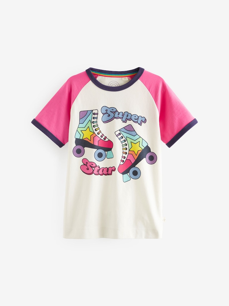 Little Bird by Jools Oliver Ecru/Pink Short Sleeve Raglan Colourful 100% Cotton T-Shirt - Image 1 of 6 Little Bird by Jools Oliver Ecru/Pink Short Sleeve Raglan Colourful 100% Cotton T-Shirt - Image 1 of 6