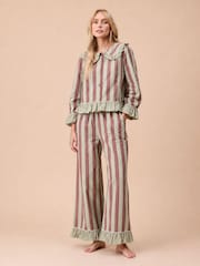 TBCo Green Cropped Sage & Brown Stripe Ruffle Pyjamas - Image 1 of 2