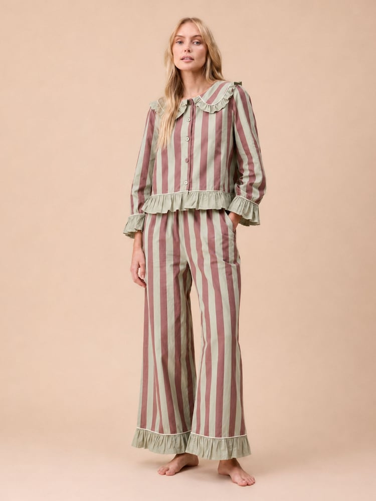 TBCo Green Cropped Sage & Brown Stripe Ruffle Pyjamas - Image 1 of 2