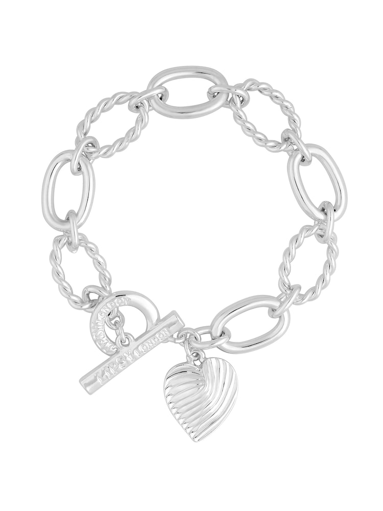 Lipsy Jewellery Silver Tone Textured Heart Charm T-Bar Gift Boxed Bracelet - Image 1 of 3