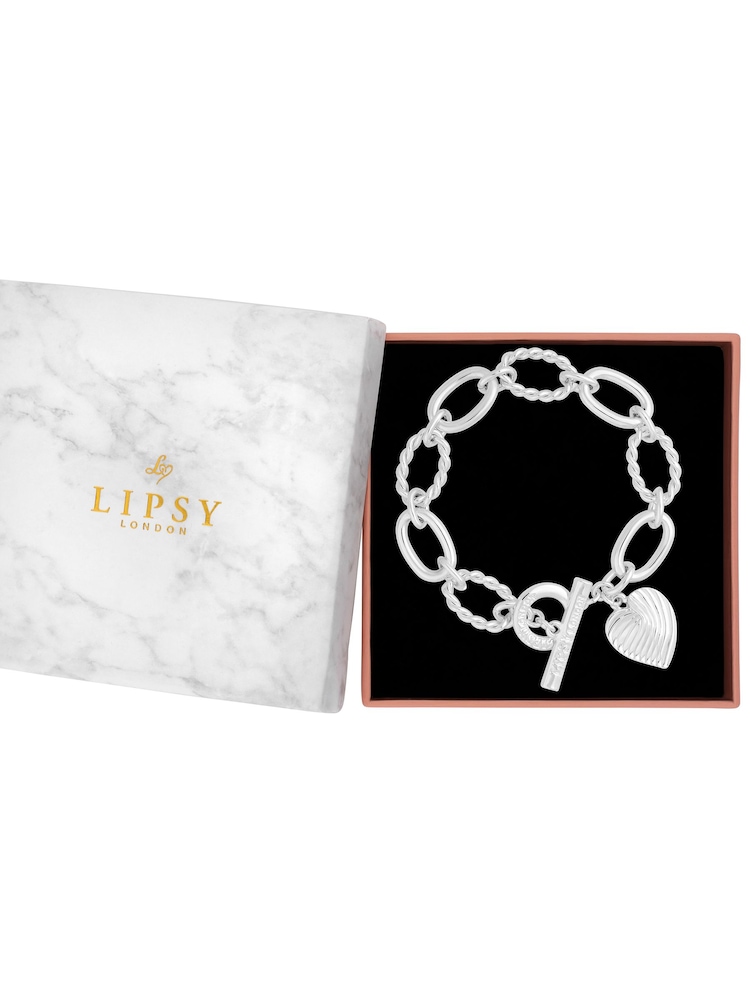 Lipsy Jewellery Silver Tone Textured Heart Charm T-Bar Gift Boxed Bracelet - Image 3 of 3