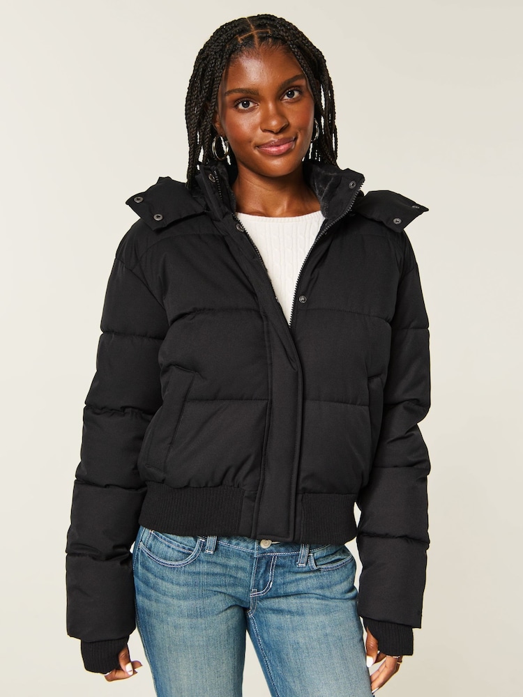 Hollister Black Feel Good Hooded Puffer Coat - Image 1 of 5