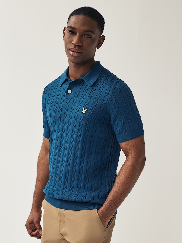 Lyle & Scott Blue Cable Knitted Polo Shirt - Image 1 of 4