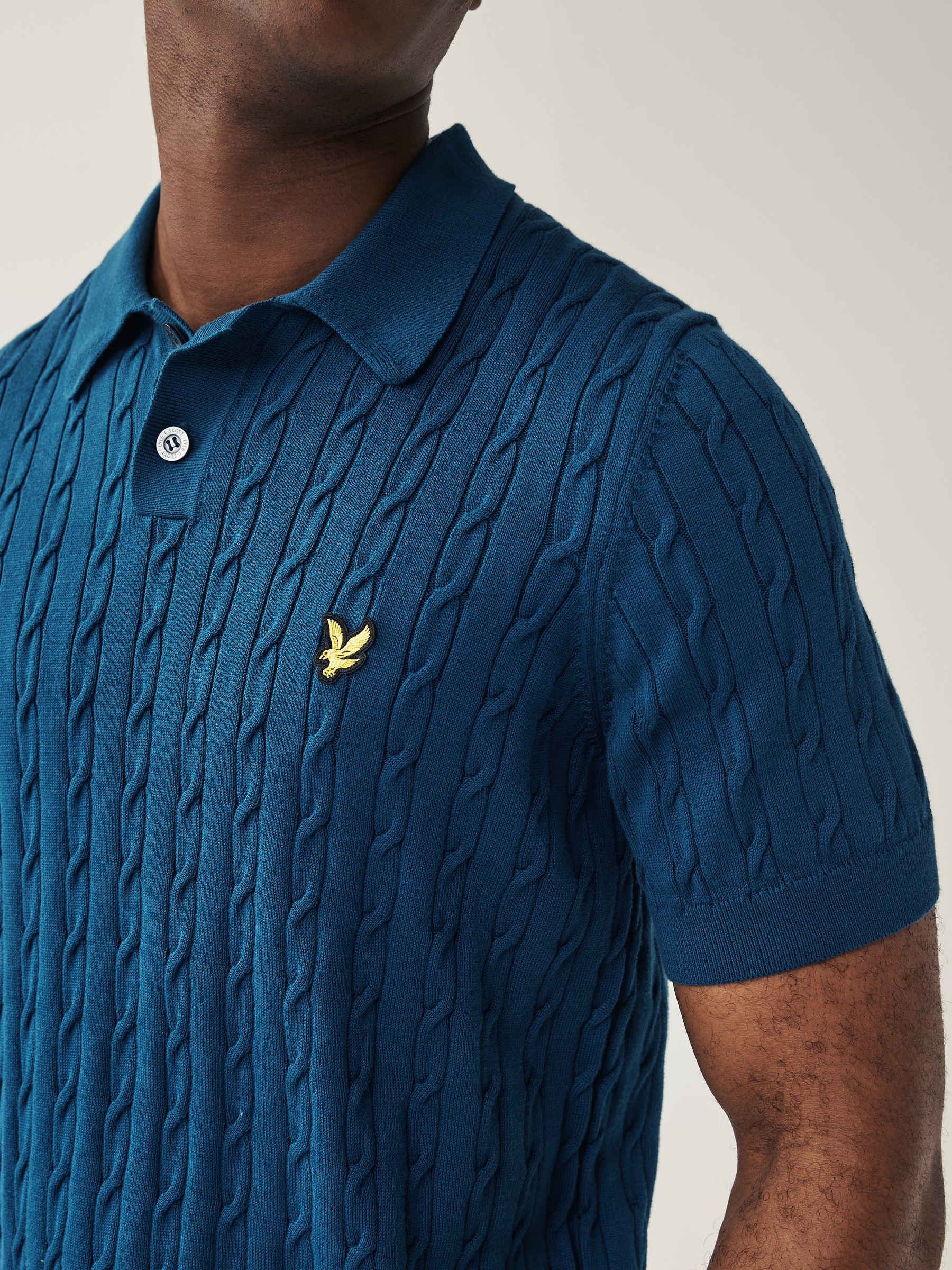 Buy Lyle Scott Blue Cable Knitted Polo Shirt from Next Luxembourg
