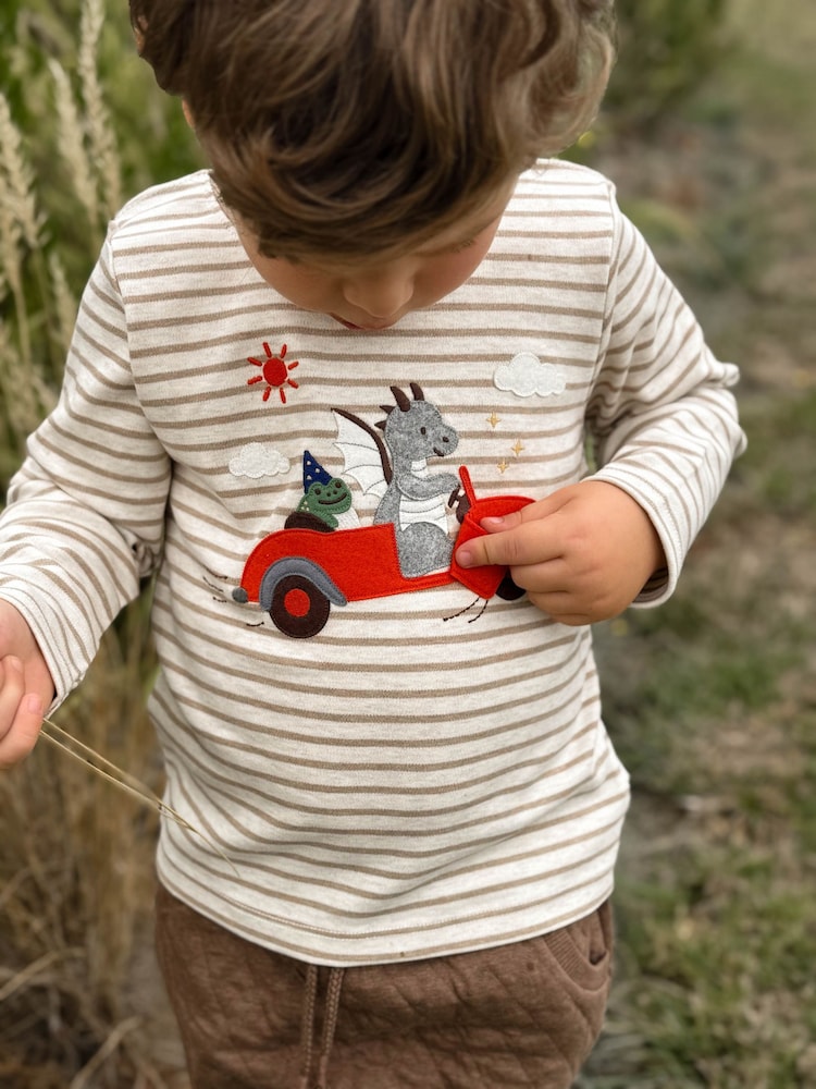 Purebaby Brown Flying Car Striped Longsleeve Thick T-Shirt - Image 1 of 5 Purebaby Brown Flying Car Striped Longsleeve Thick T-Shirt - Image 1 of 5