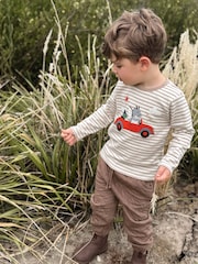 Purebaby Brown Flying Car Striped Longsleeve Thick T-Shirt - Image 2 of 5