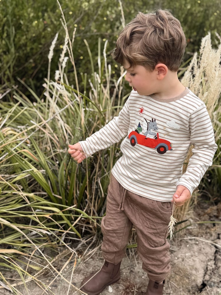 Purebaby Brown Flying Car Striped Longsleeve Thick T-Shirt - Image 2 of 5 Purebaby Brown Flying Car Striped Longsleeve Thick T-Shirt - Image 2 of 5