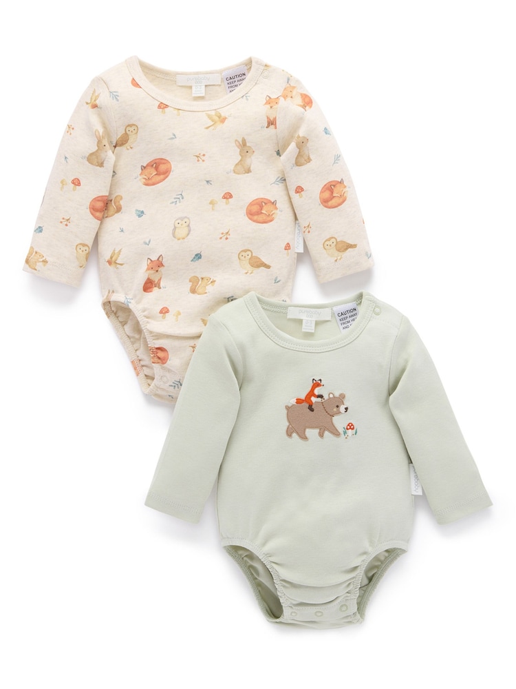 Purebaby Green Printed Longsleeve Bodysuit 2 Pack - Image 1 of 5 Purebaby Green Printed Longsleeve Bodysuit 2 Pack - Image 1 of 5