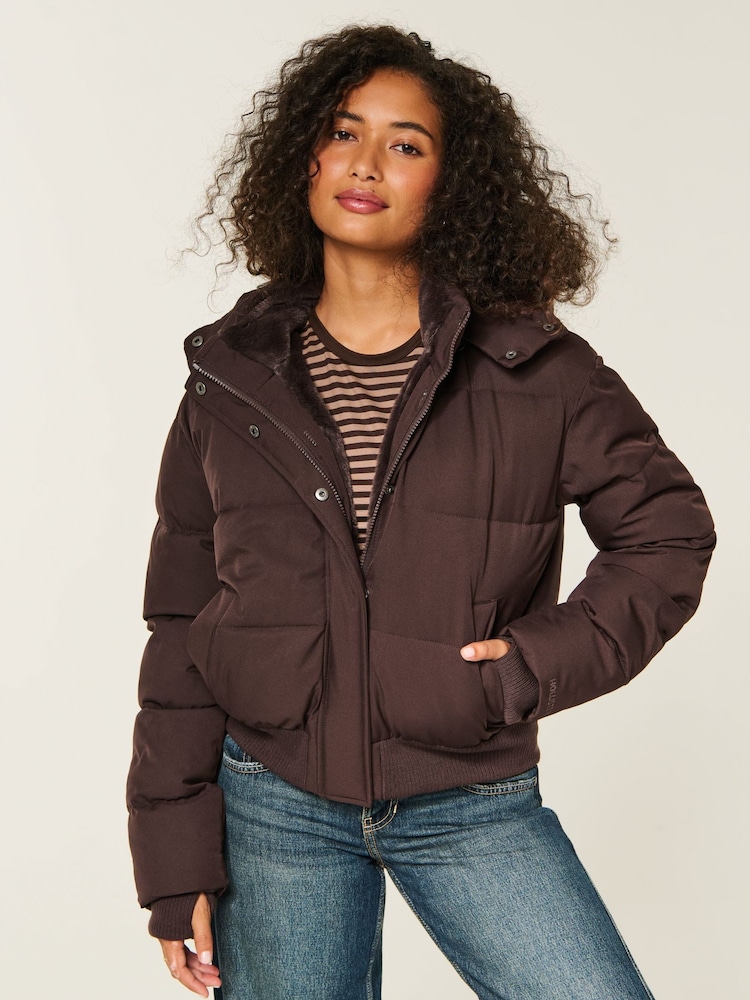 Hollister Brown Feel Good Hooded Puffer Coat - Image 1 of 5