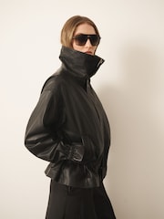 CERENE Wren Black Real Leather Funnel Neck Jacket - Image 1 of 13