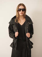 CERENE Wren Black Real Leather Funnel Neck Jacket - Image 3 of 13