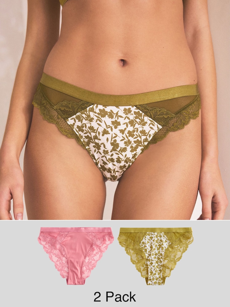 Green Floral Print/Rose Pink Lace Trim High Leg Knickers 2 Pack - Image 1 of 13 Green Floral Print/Rose Pink Lace Trim High Leg Knickers 2 Pack - Image 1 of 13