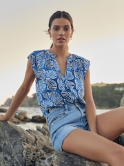 Blue Linen Blend Button Down Relaxed Sleeve Printed Top - Image 1 of 7