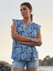 Blue Linen Blend Button Down Relaxed Sleeve Printed Top - Image 2 of 7